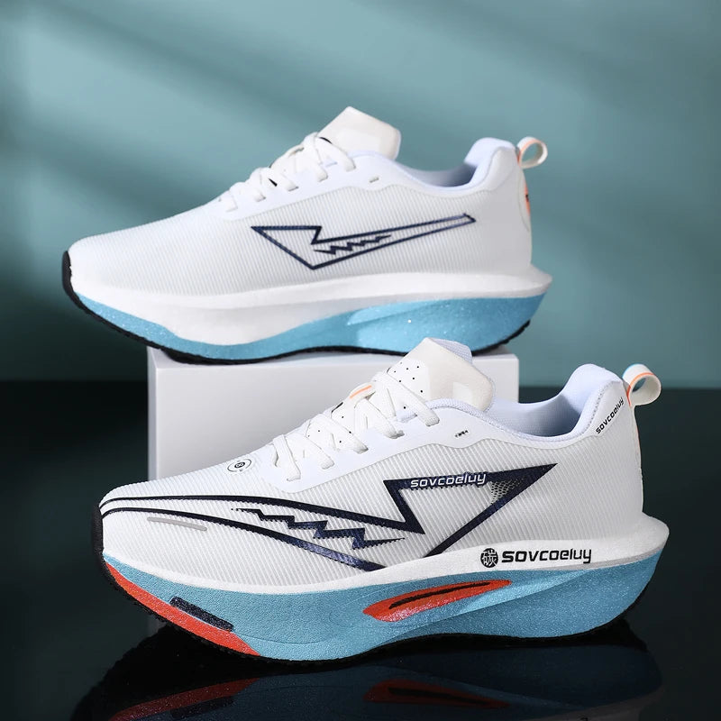 White men's and women's running shoes by Shop1105061243, lightweight, breathable, nonskid athletic sneakers for marathon and sports use.