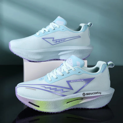 White men's and women's running shoes with breathable lightweight design, nonskid soles, ideal for marathon and athletic sports.
