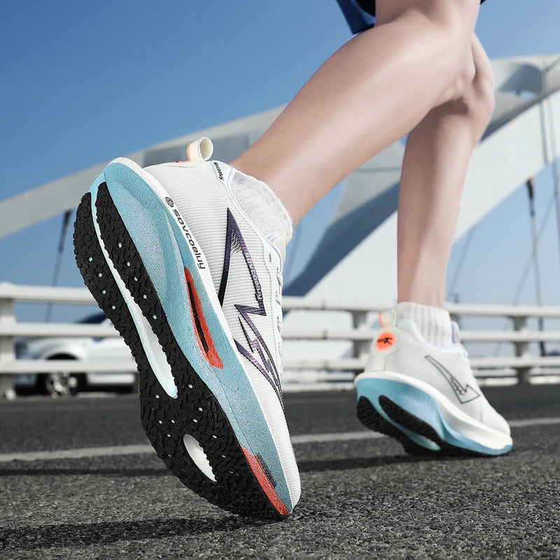 White men's and women's running shoes with breathable, lightweight design, nonskid soles, ideal for marathon and athletic sports.