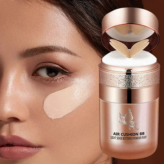 Silcy Skin Air Cushion BB Cream with butterfly powder puff, moisturizing foundation, concealer, oil-control, waterproof makeup application.