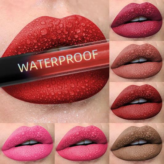 Silcy Skin matte velvet lip gloss in nude and red shades, waterproof liquid lipstick with black lips tint and lip glaze makeup.