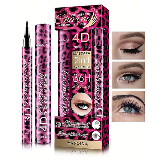 Silcy Skin Yanqina Liquid Eyeliner Pencil and 4D Waterproof Mascara set for eye makeup, featuring eyeliner, mascara, and eyebrow pencil.