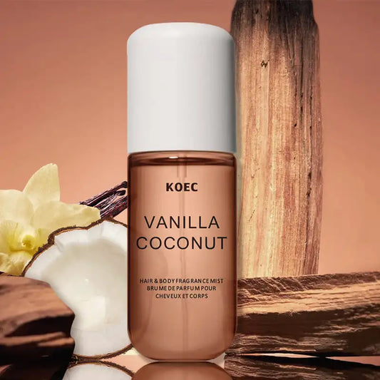 Silcy Skin KOEC Vanilla and Coconut fragrance mist with moisturizing plant-based notes and refreshing scent in a spray bottle.