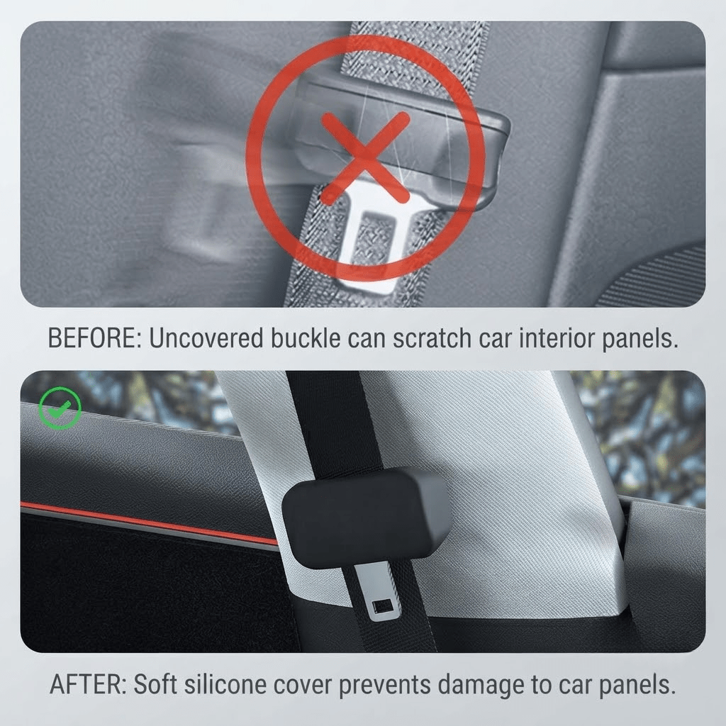 Silicone seat belt buckle cover set for Tesla Model Y Juniper and Model 3 Highland, protective and stylish car accessory.