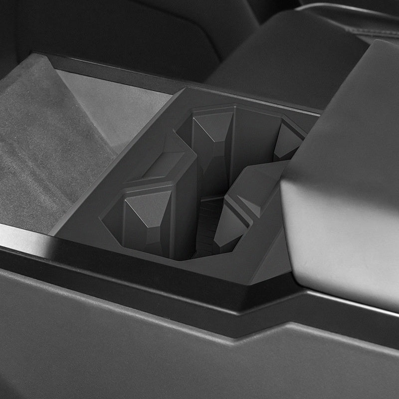 Silicone center console cup holder for Tesla Cybertruck, designed for secure drink placement inside the vehicle.