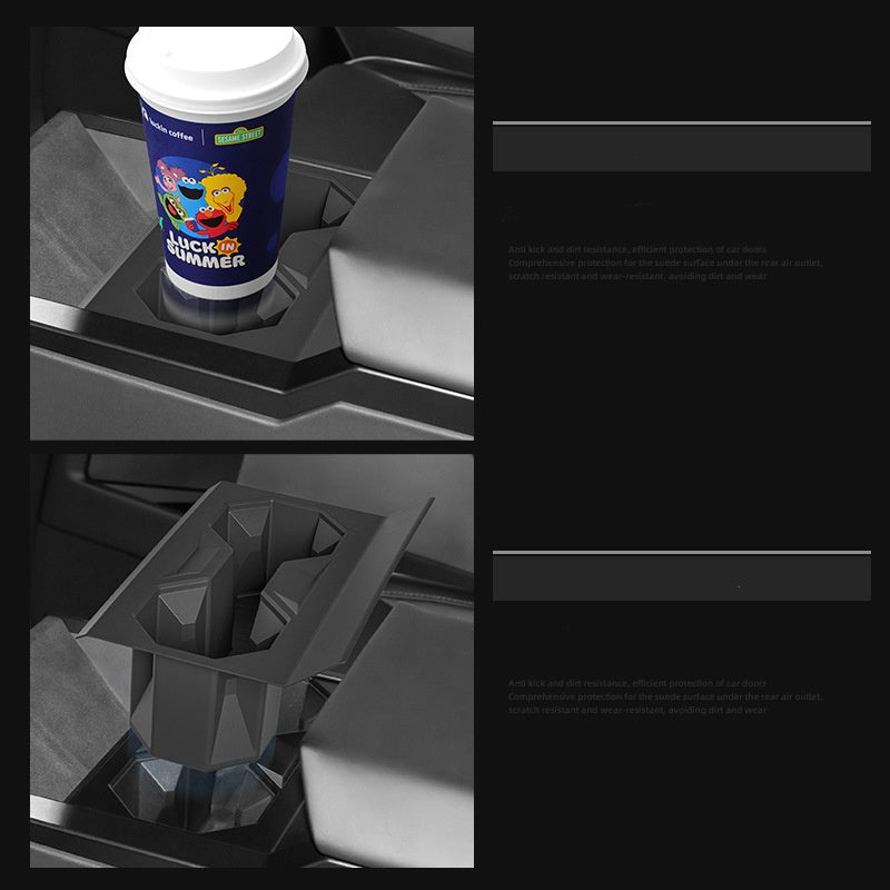 Silicone center console cup holder designed for Tesla Cybertruck, black, fits securely inside the vehicle's interior.