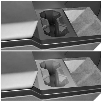 Silicone center console cup holder for Tesla Cybertruck, designed for secure fit and easy access inside the vehicle.