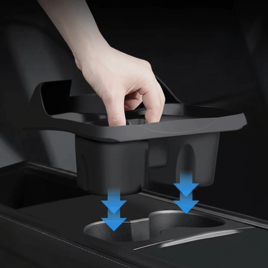 Silicone center console cup holder insert for Tesla Model 3 and Model Y, anti-spill storage box for secure drink placement.