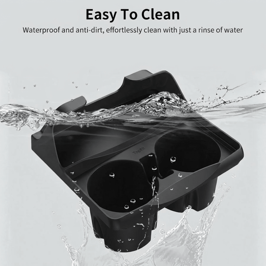 Silicone center console cup holder insert for Tesla Model 3 and Model Y, anti-spill storage solution from Tesery.