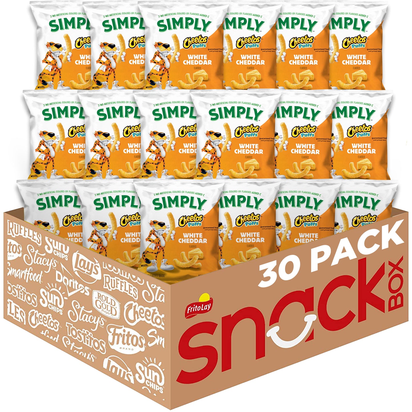Assorted Simply Cheetos Puffs White Cheddar Cheese flavored snack chips in 0.875 oz bags, 36-pack multipack, showing cheesy snack bags.