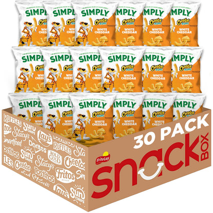 Assorted Simply Cheetos Puffs White Cheddar Cheese flavored snack chips in 0.875 oz bags, 36-pack multipack, showing cheesy snack bags.