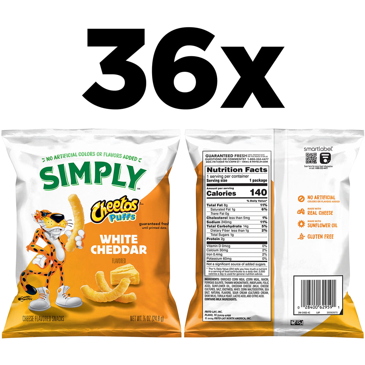 Assorted Simply Cheetos Puffs White Cheddar Cheese flavored snack chips in 0.875 oz bags, 36-count multipack.
