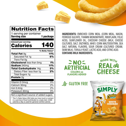 Pack of 36 Simply Cheetos Puffs White Cheddar Cheese flavored snack chips in 0.875 oz bags, crunchy cheesy snack multipack.