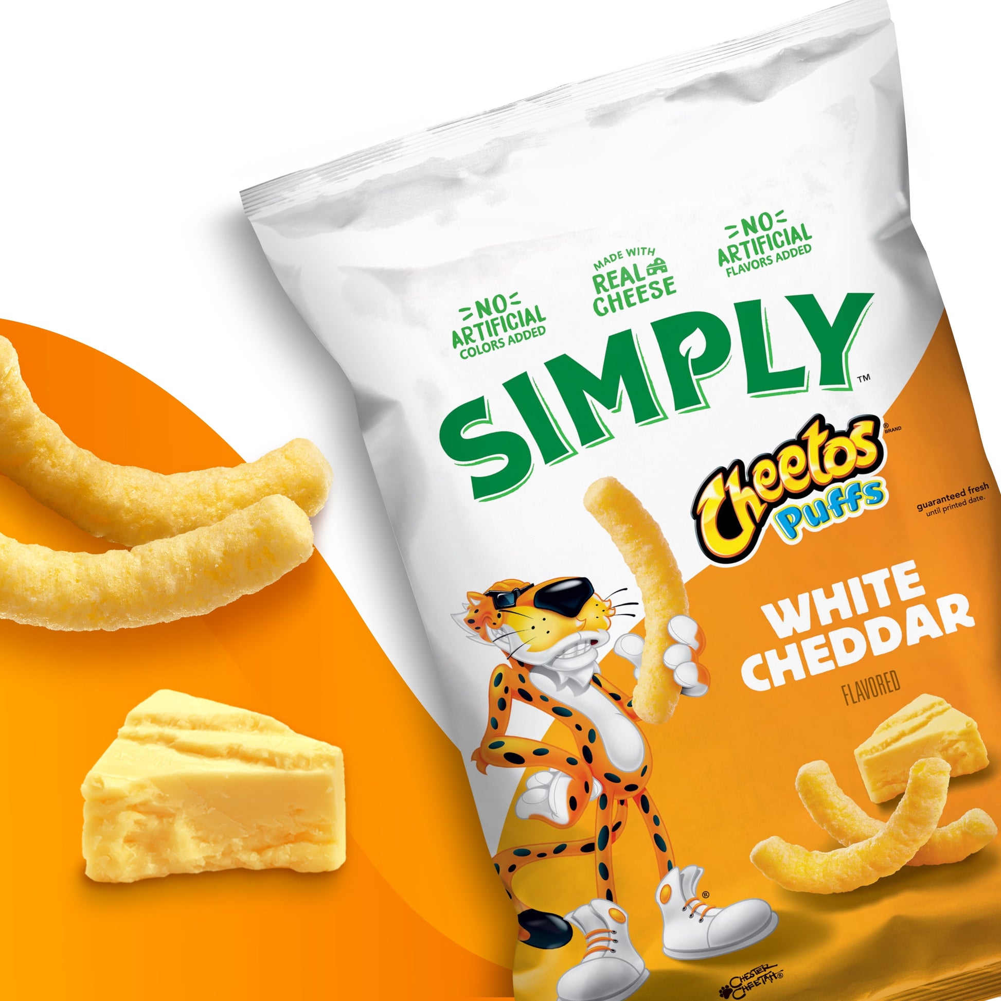 Simply Cheetos Puffs White Cheddar cheese flavored snack chips in 0.875 oz bags, 36-count multipack, showing cheesy puff snacks.