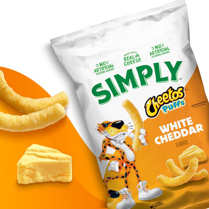 Simply Cheetos Puffs White Cheddar cheese flavored snack chips in 0.875 oz bags, 36-count multipack, showing cheesy puff snacks.