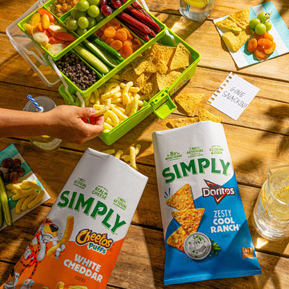 Simply Cheetos Puffs White Cheddar cheese flavored snack chips in 0.875 oz bags, 36-count multipack, crispy cheesy snack.