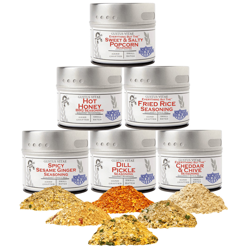 Gustus Vitae Six Elements of Flavor seasoning set featuring six different spice jars in a gift collection.