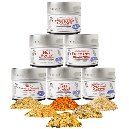 Gustus Vitae Six Elements of Flavor seasoning set featuring six different spice jars in a gift collection.