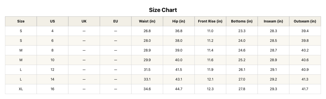 Size chart for Threaded Pear Cameron Raw Hem Jeans showing fit and measurements in a clear, easy-to-read format.