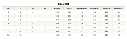 Size chart for Threaded Pear Cameron Raw Hem Jeans showing fit and measurements in a clear, easy-to-read format.