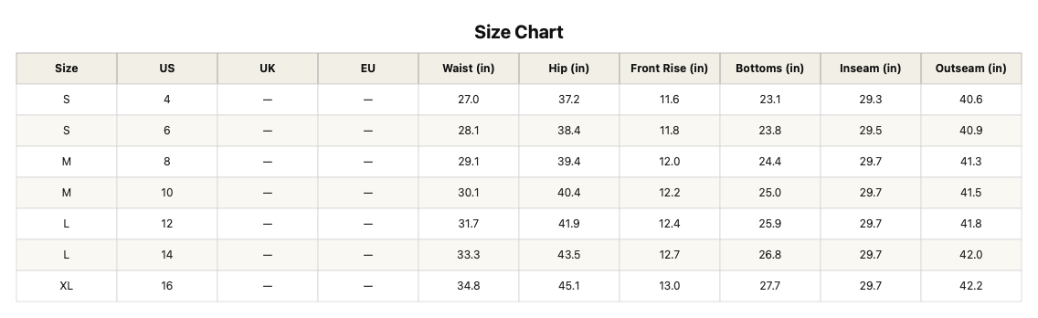 Size chart for Threaded Pear Miah Length Regular Detail Jeans, showing measurements and fit details for accurate sizing.