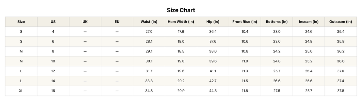 Size chart image showing measurements for Haydin loose ankle-length jeans by Threaded Pear.