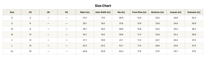 Size chart image showing measurements for Haydin loose ankle-length jeans by Threaded Pear.