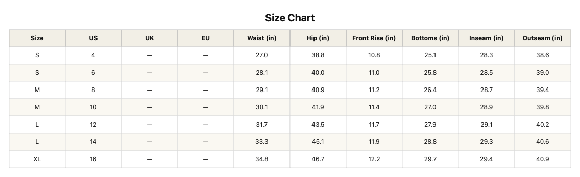 Size chart for Threaded Pear Aurorra Length Regular Fit Jeans, showing measurements and fit details.