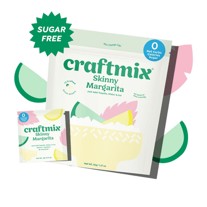 Bottle of Craftmix Skinny Margarita cocktail mix with lime flavor, featuring a clear label and a colorful background.