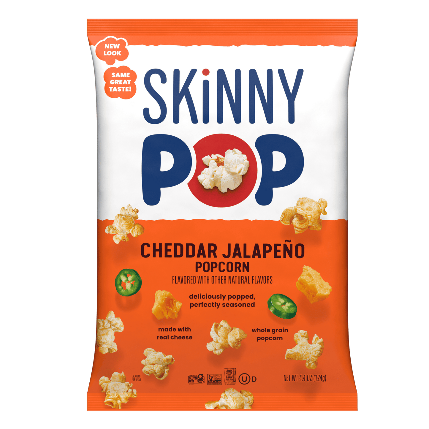 Bag of SkinnyPop gluten-free cheddar jalapeno popcorn in 4.4 oz sharing size, showing the colorful snack packaging.