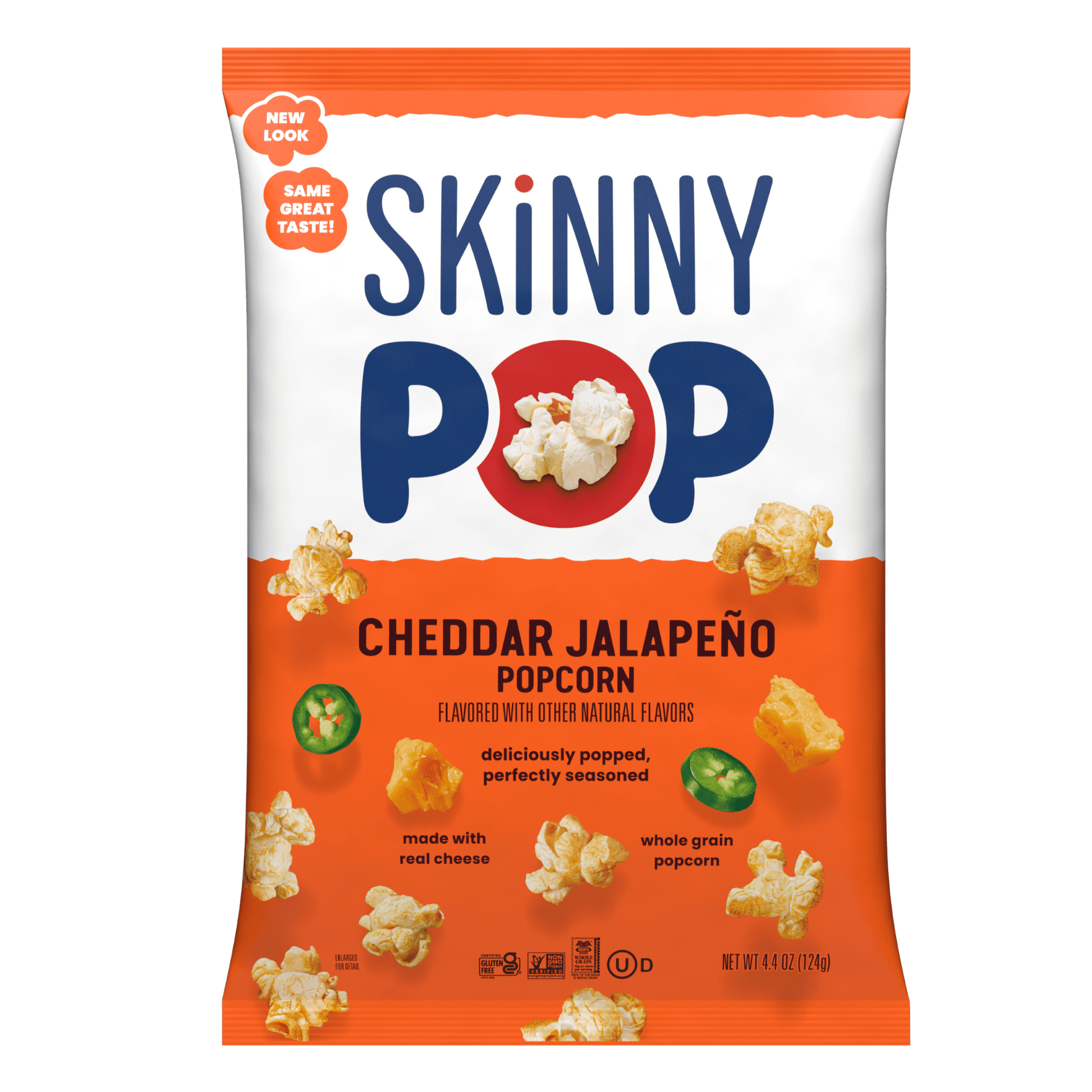 Bag of SkinnyPop gluten-free cheddar jalapeno popcorn in 4.4 oz sharing size, showing the colorful snack packaging.