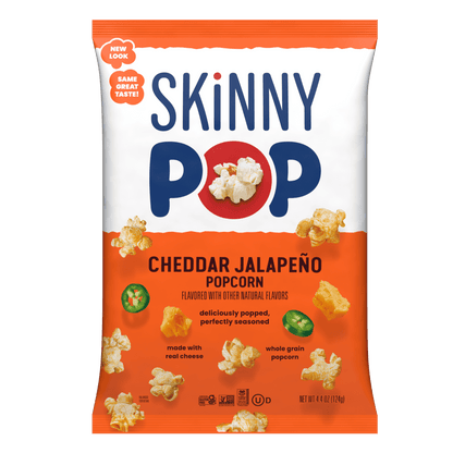 Bag of SkinnyPop gluten-free cheddar jalapeno popcorn in 4.4 oz sharing size, showing the colorful snack packaging.