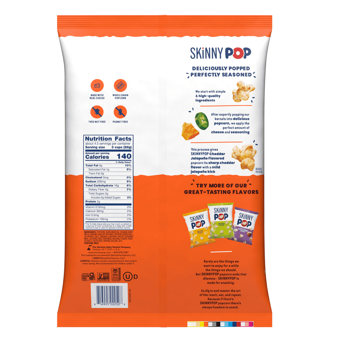 Skinnypop Gluten-Free Cheddar Jalapeno popcorn in a 4.4 oz sharing bag, healthy snack with spicy cheese flavor