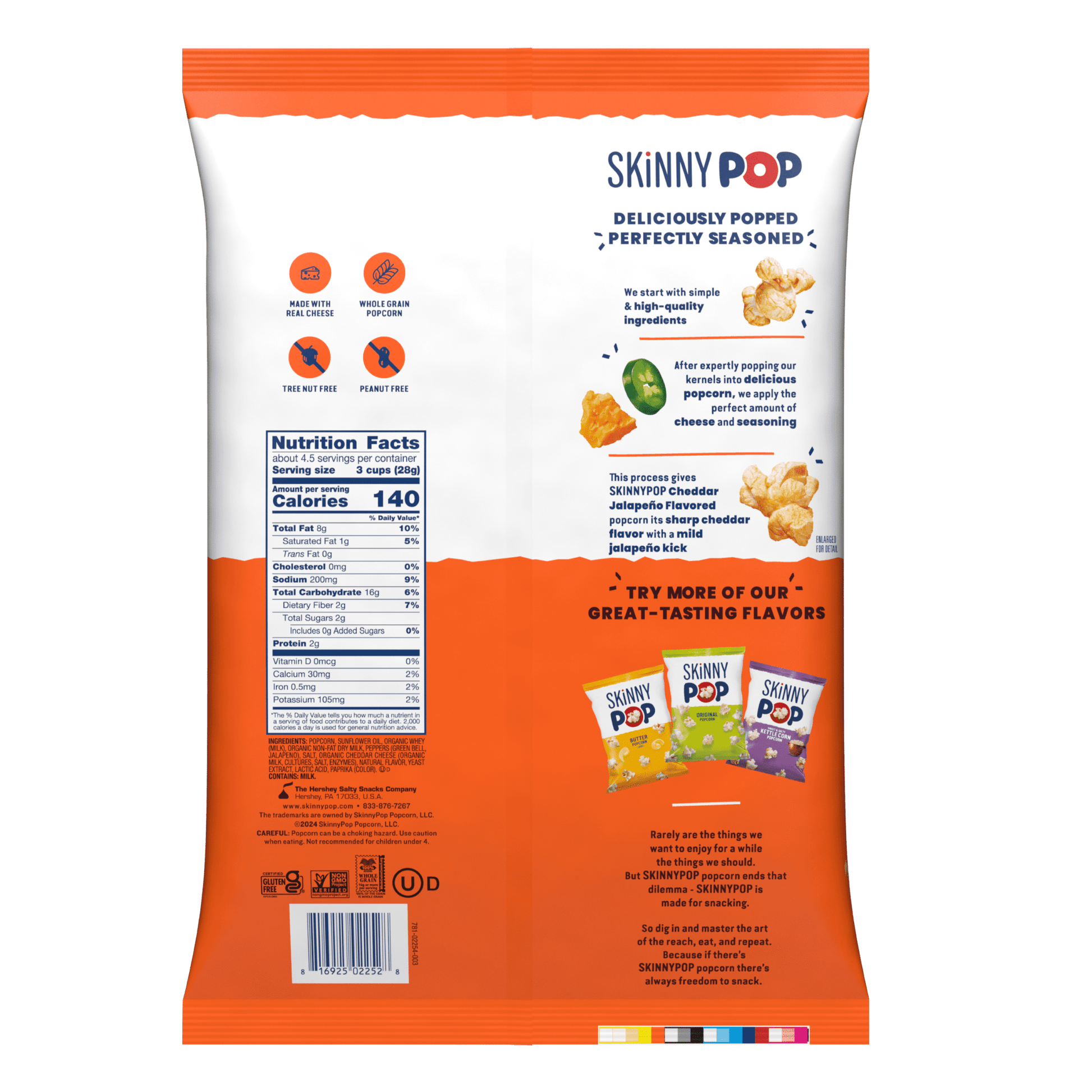 Skinnypop Gluten-Free Cheddar Jalapeno popcorn in a 4.4 oz sharing bag, healthy snack with spicy cheese flavor