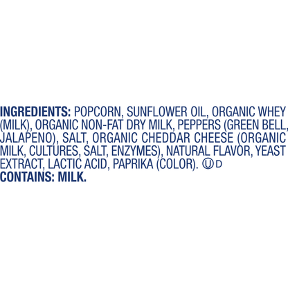 Skinnypop Gluten-Free Cheddar Jalapeno popcorn bag, 4.4 oz sharing size, with colorful popcorn visible inside the bag.