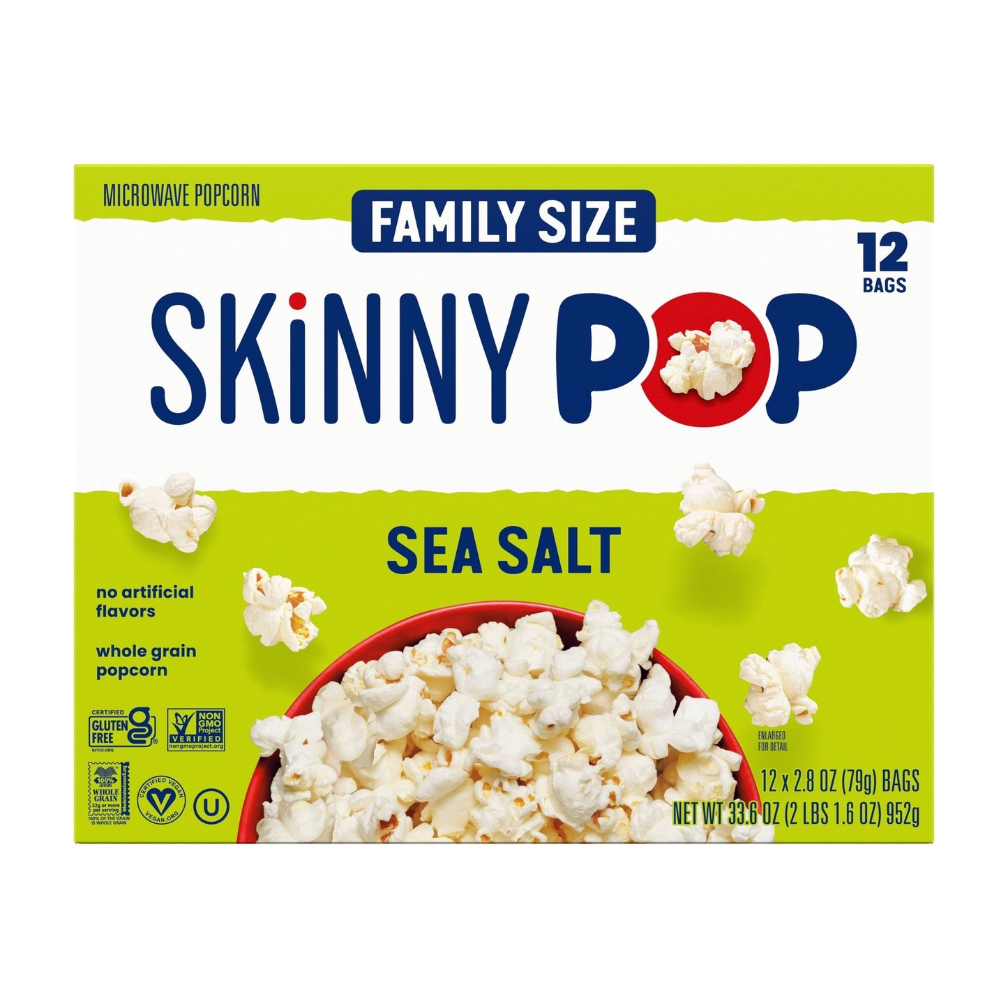 SkinnyPop gluten-free sea salt microwave popcorn snack multipack, 12 packs of 2.8 oz each, in a colorful packaging.