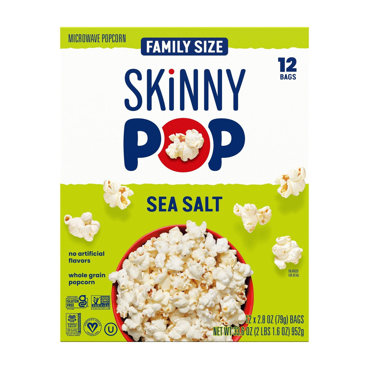 SkinnyPop gluten-free sea salt microwave popcorn snack multipack, 12 packs of 2.8 oz each, with buttery, salted popcorn in individual bags.