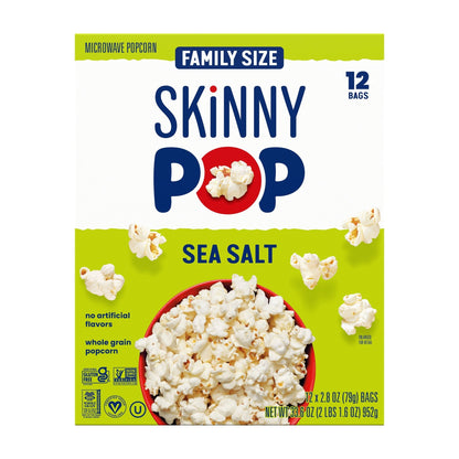 SkinnyPop gluten-free sea salt microwave popcorn snack multipack, 12 packs of 2.8 oz each, with buttery, salted popcorn in individual bags.