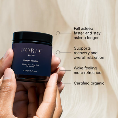 Foria Sleep Capsules in a container, showing the capsules designed to promote restful sleep.