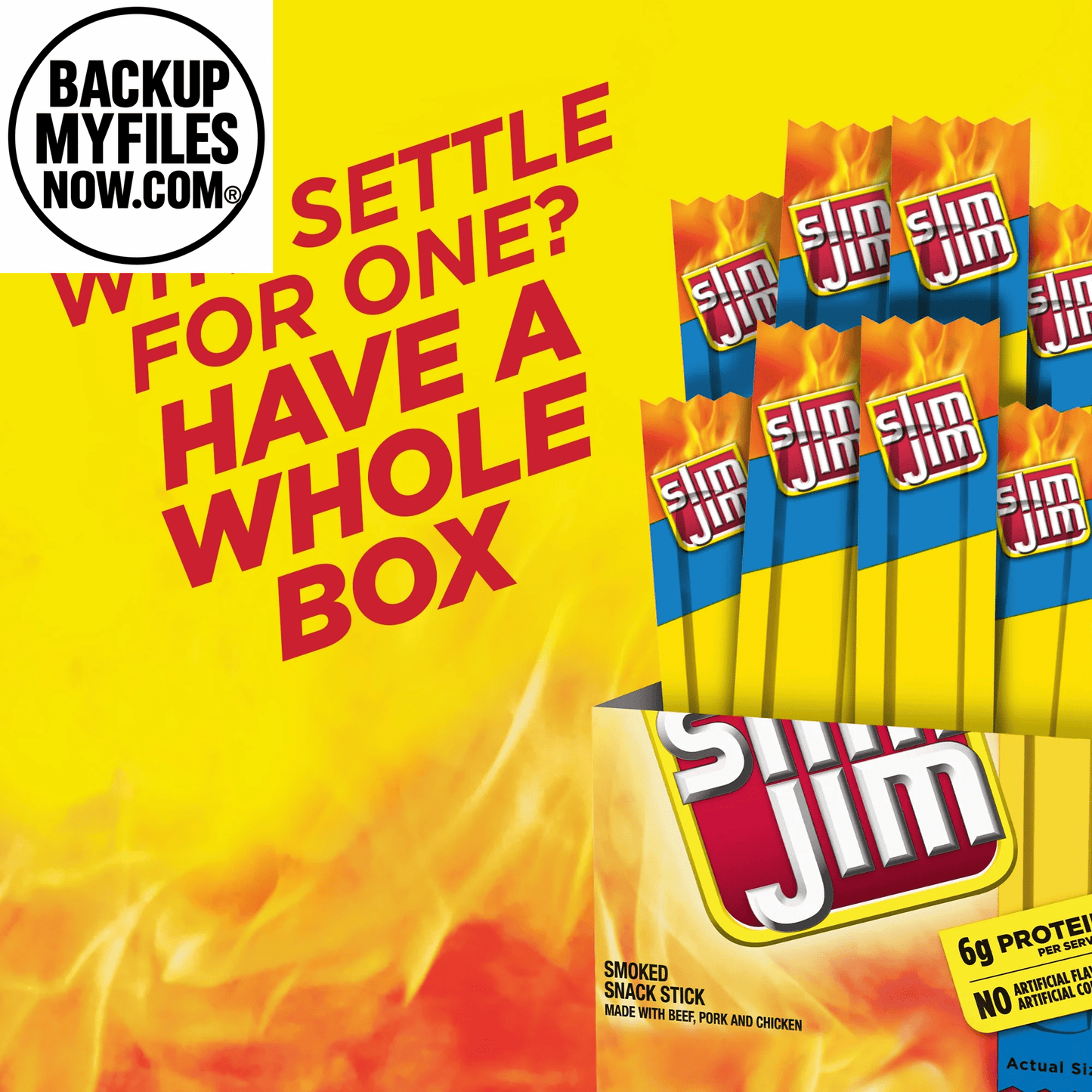 Seven Slim Jim smoked meat sticks in mild flavor, snack size, with 6g protein per serving, arranged in a 7-pack.