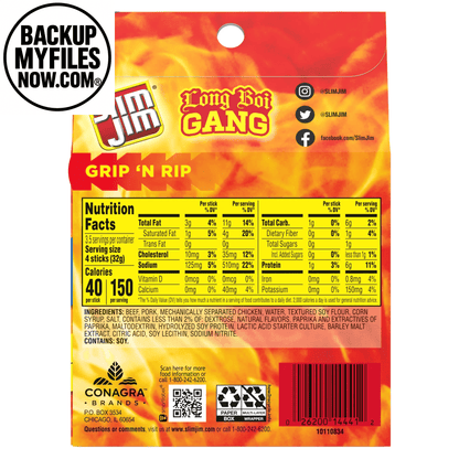 Seven Slim Jim smoked meat sticks in mild flavor, snack size, with 6g protein per serving, displayed in a clear container.