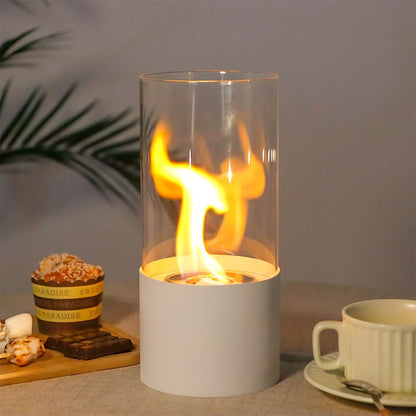 JHY DESIGN portable tabletop firepit with cylindrical glass enclosure, suitable for gel and ethanol fireplaces, small size.