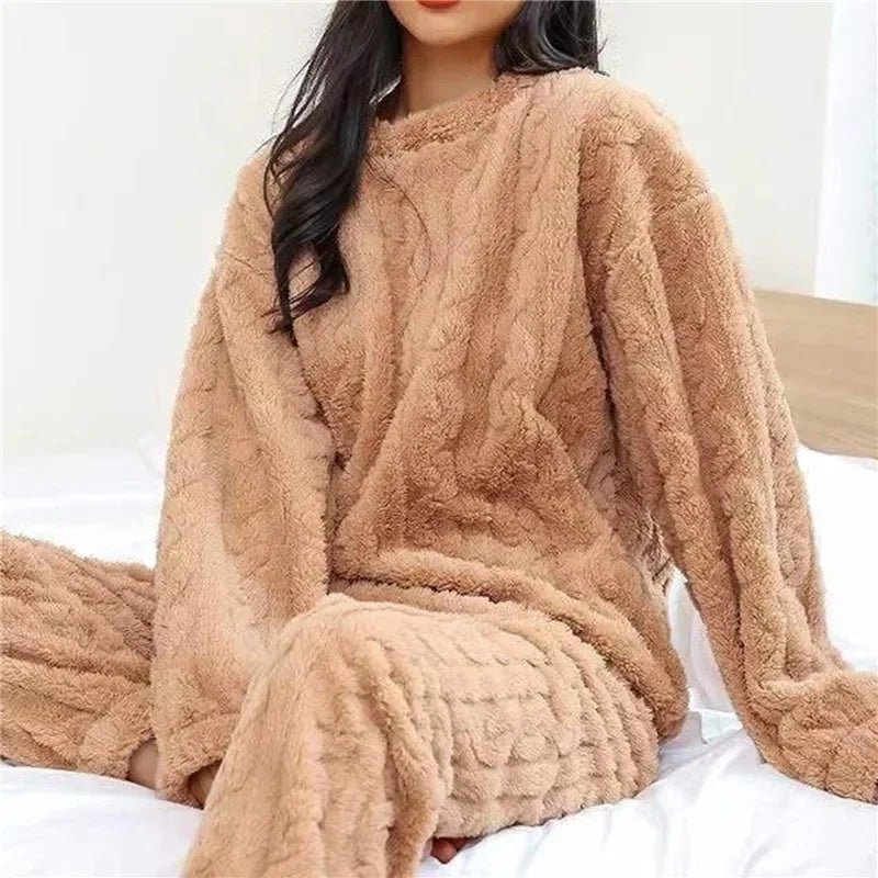 Soft Coral Velvet Jacquard Warm Pajama Set for Women Cozy Loungewear Outerwear for Winter Christmas Valentine's Day Gift ﻿ - BACKUPMYFILESNOW