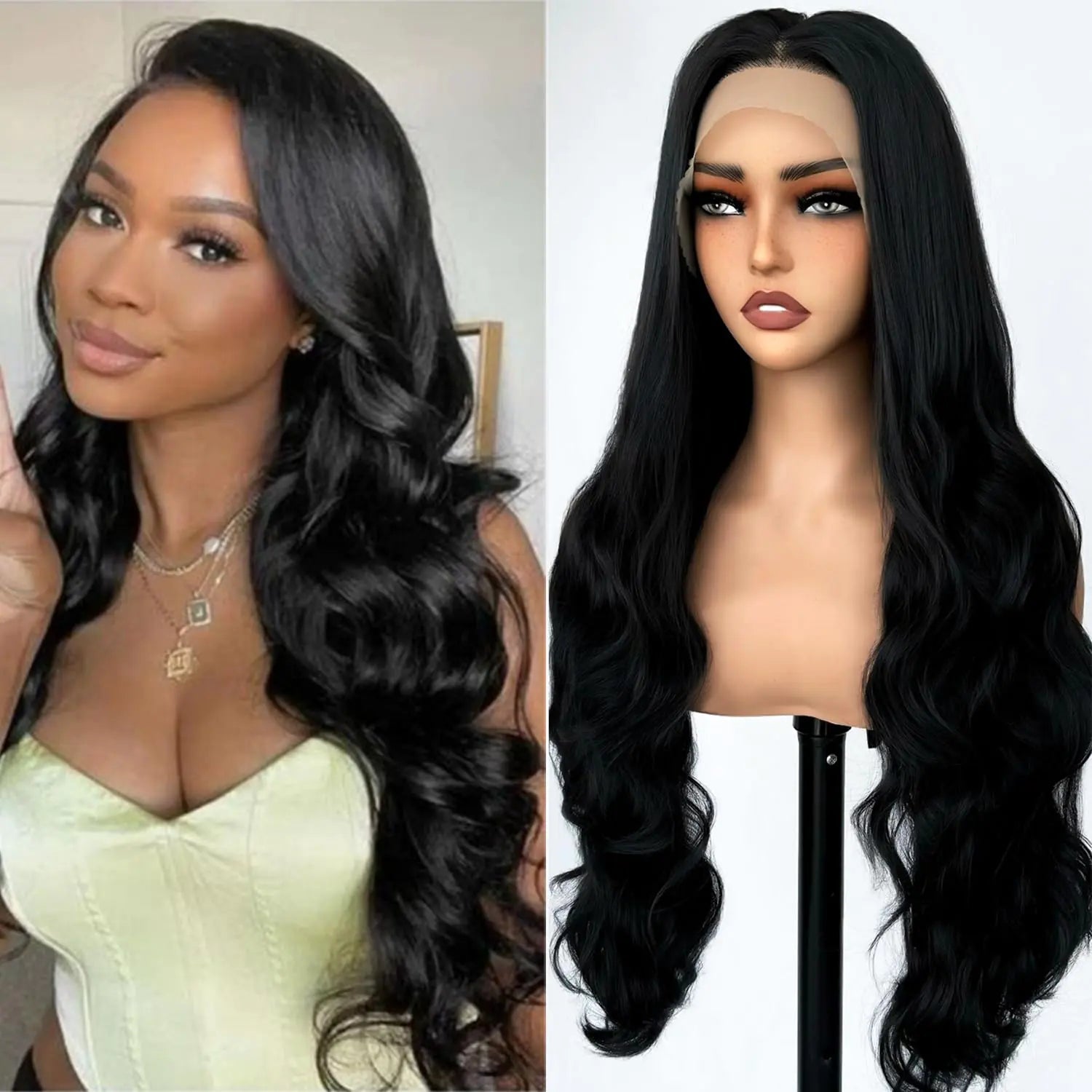 SOKU 13x6 Lace Front Wigs Synthetic 28 Inch Body Wave Wigs with Baby Hair Free Part Lace Frontal Wigs Pre Plucked Natural Black Wave Lace Front Wigs for Women Girls High Temperature Fiber - BACKUPMYFILESNOW