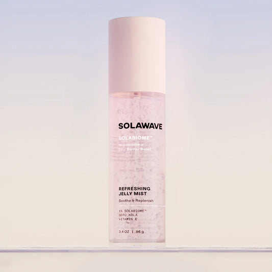 Solawave Pre- & Probiotic Refreshing Jelly Mist in a clear spray bottle, lightweight skincare topical for hydration and skin balance.