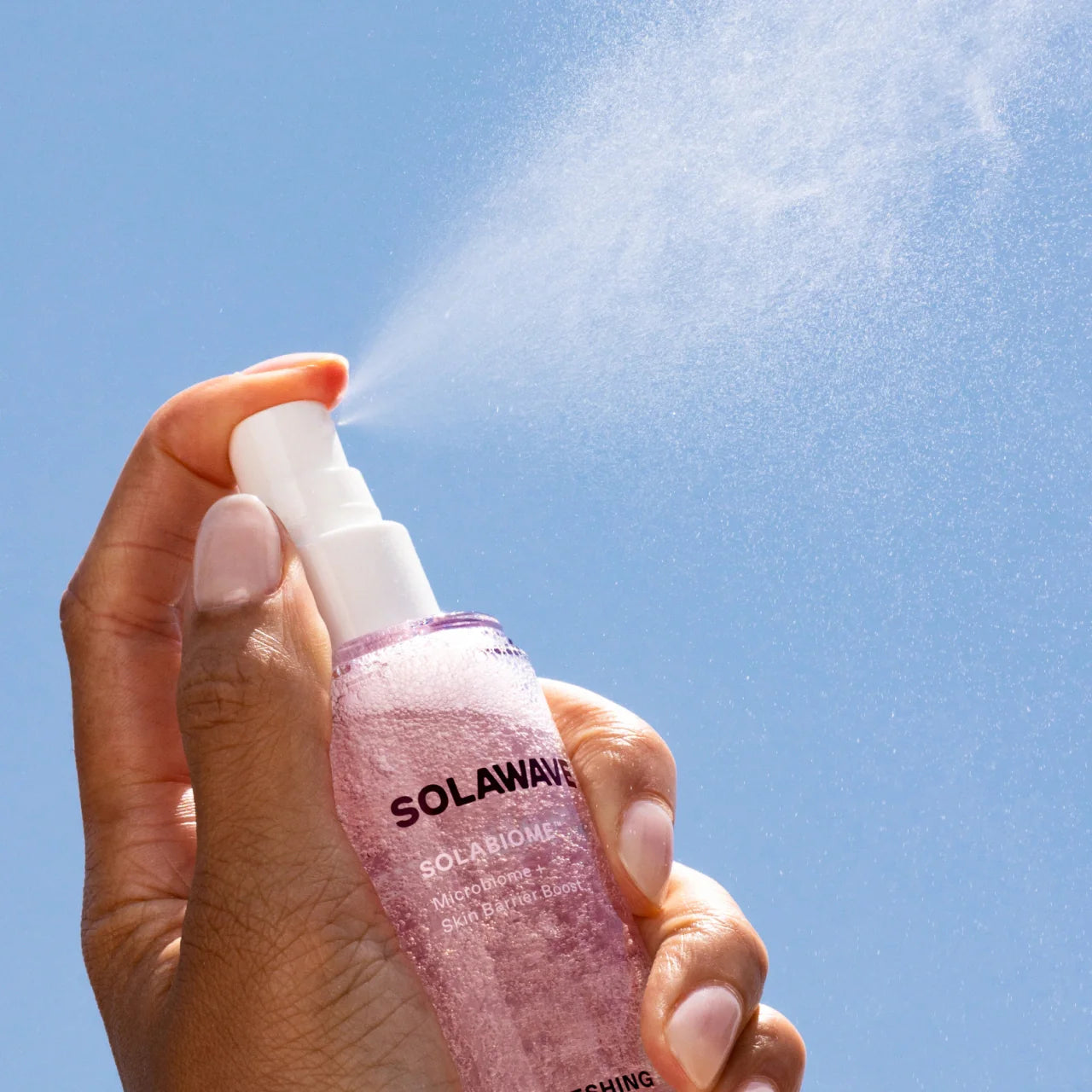 Solawave Pre- & Probiotic Refreshing Jelly Mist for skincare, featuring lightweight, hydrating formula in a clear spray bottle.