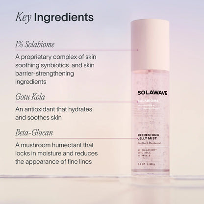 Solawave Pre- & Probiotic Refreshing Jelly Mist in a clear spray bottle, ideal for skincare topicals and hydration.
