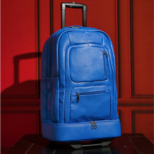 Royal blue leather carry-on roller bag from Sole Premise's Signature Bag collection, featuring durable leather and compact design.