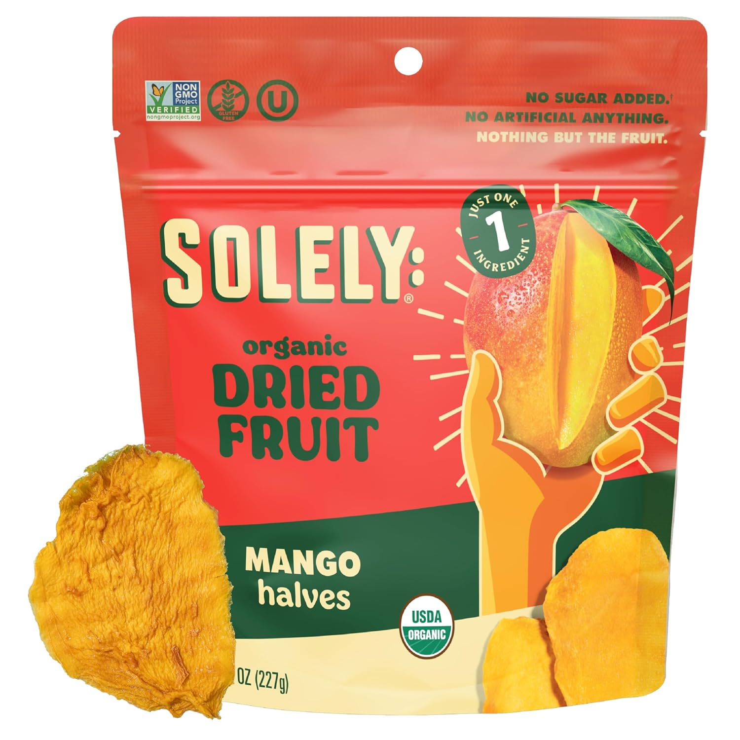 Organic dried mango halves in a resealable bag, showing vibrant, sliced mango pieces from the SOLELY brand.