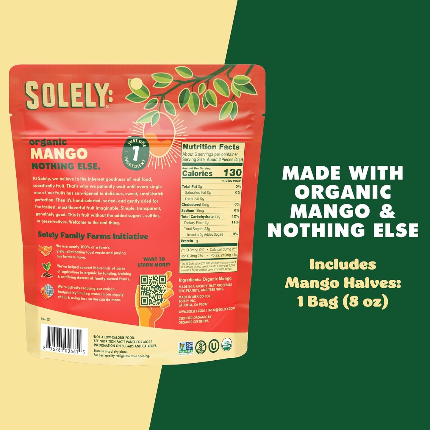 Organic dried mango halves from SOLELY in a resealable bag, showcasing vibrant orange slices of real, healthy, non-GMO fruit.